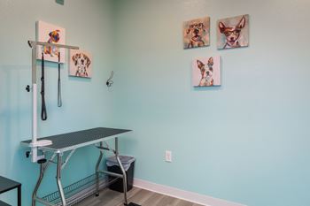 A room with a table, chairs and pictures of dogs on the wall.